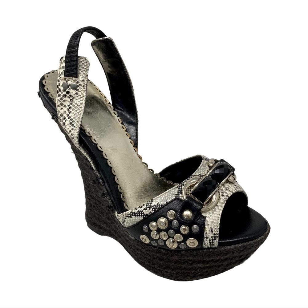 BEBE Jewel Studded Snakeskin Slingback Wedges